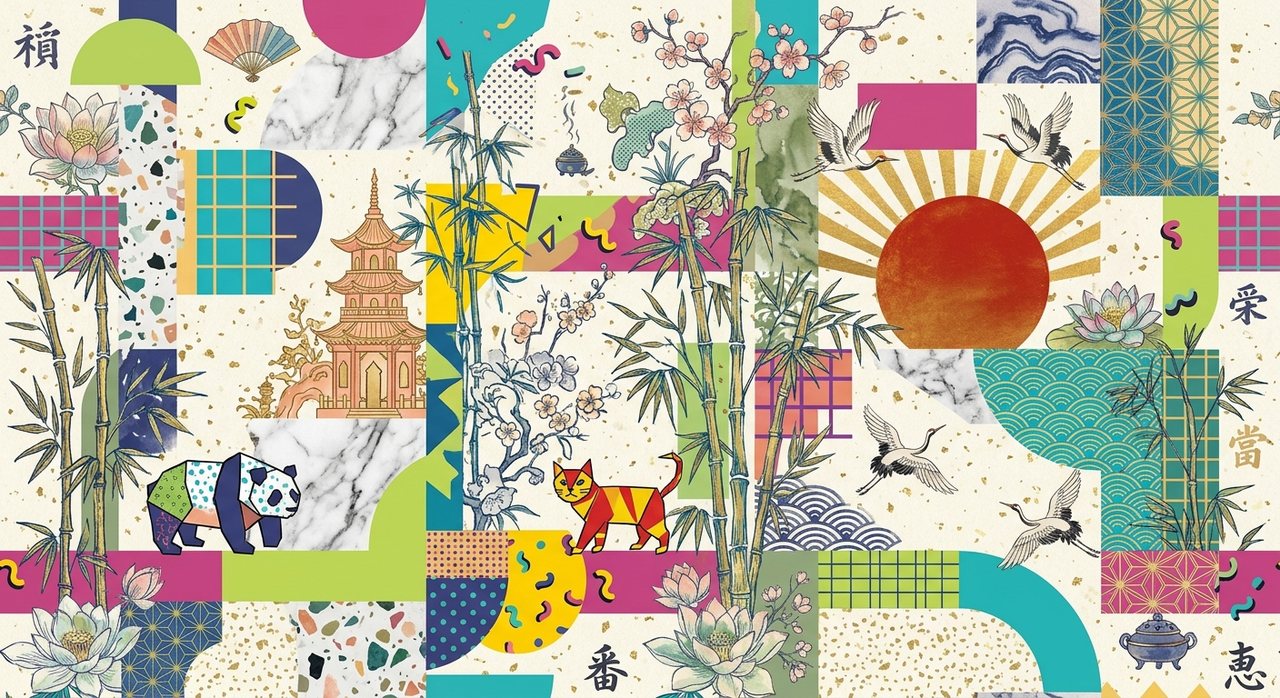 The source image: a dense Japanese-themed collage of bamboo, cranes, marble, terrazzo and a gradient sun.
